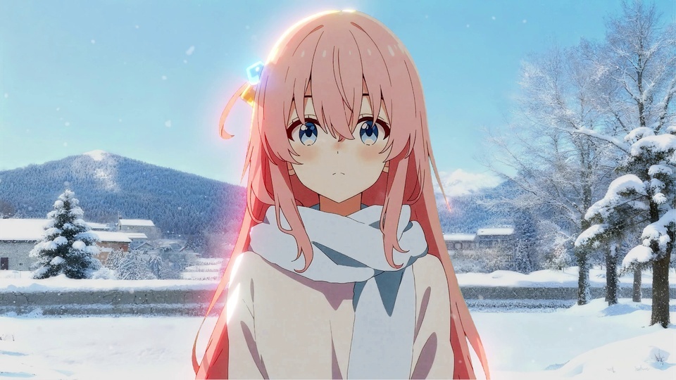 粉长发配白灰围巾的少女站在飘雪的冬日郊野场景中