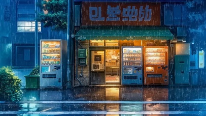 雨夜街边商店