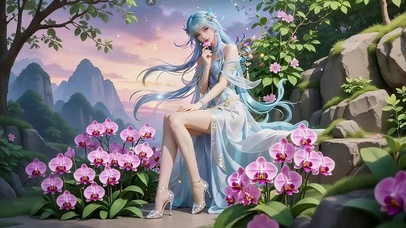 动漫风蝴蝶兰花丛中的古风美女