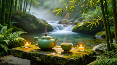 幽静溪流竹林品茶