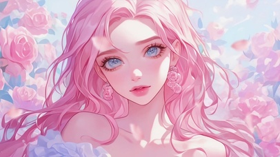 漂亮的粉发动漫插画女孩