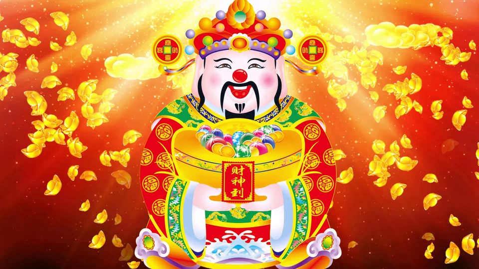 暖橙发光国风背景中，身着红袍的Q版卡通财神坐于盛满珠宝的聚宝盆旁，空中悬浮大量金色元宝，周围点缀金色祥云。