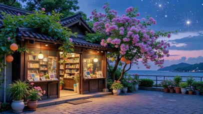 海边星空花间书店夜景