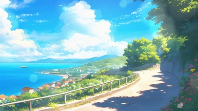 海边公路唯美清新动漫蓝天