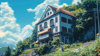 夏日山坡静谧蓝天小屋