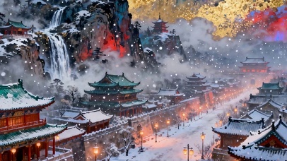 雪景树木古风城楼