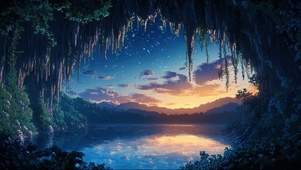 洞穴湖泊静谧星空