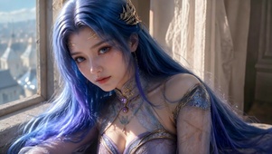 窗边蓝发精致古风美少女