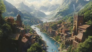 山林古城溪流云雾