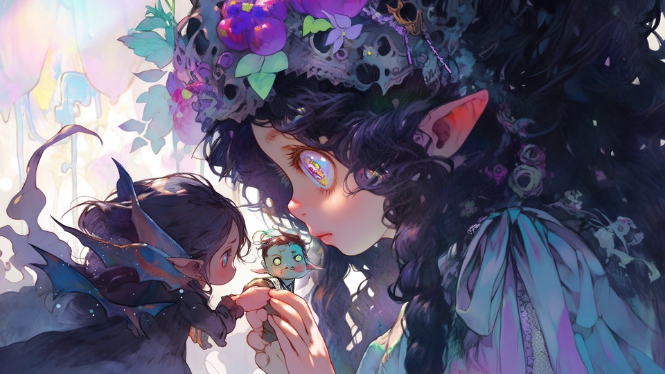 紫发精灵女子与身旁带翼小生灵凑近互动的彩色插画