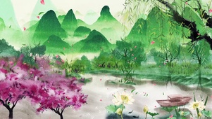 荷花柳树翠绿青山