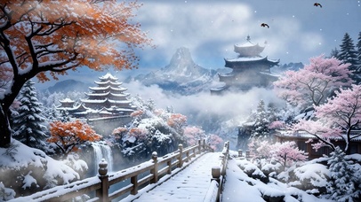 古风樱花树木河流雪景