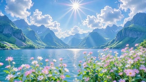 阳光洒落的山谷湖泊