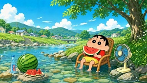 蜡笔小新夏日溪边吃西瓜