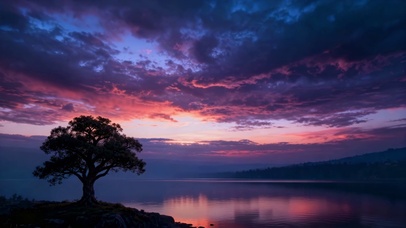 梦幻黄昏湖畔孤树风景