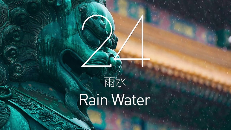 雨中的青铜石狮，背景为虚化的中式古建飞檐，标注有雨水节气字样