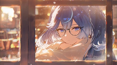 蓝发眼镜少女 窗边暖光