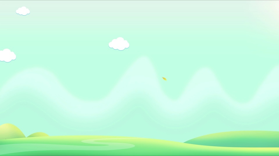 浅绿渐变天空下的卡通草原风景，点缀三朵白色小云与一枚黄色落叶