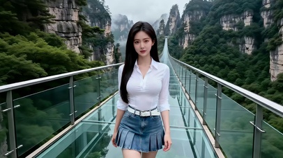 景区玻璃栈道桥上的短裙美女