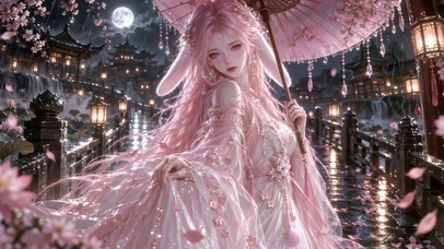 樱雨夜撑伞兔耳美女