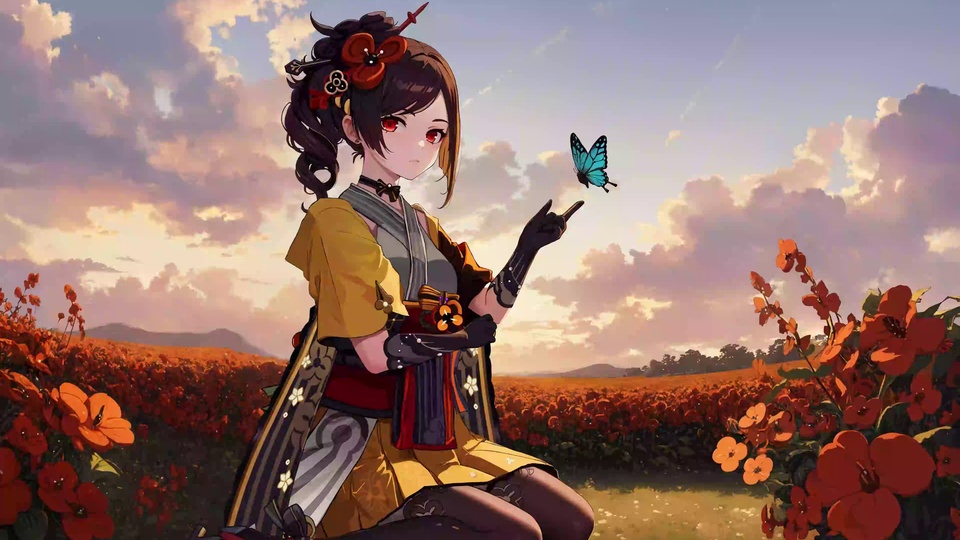 二次元插画，千织蹲在日落时分的橙红色花田中，指尖旁停着蓝色蝴蝶，上方是布满粉橙色晚霞的天空。