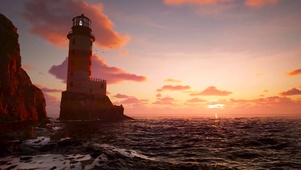 夕阳海面灯塔