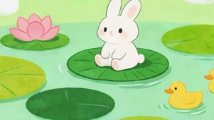 夏天荷花上兔子与鸭子带鱼屏