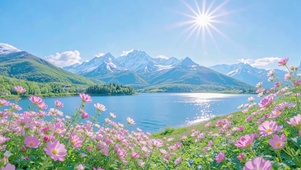 花海与远山湖泊