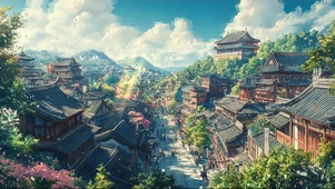 蓝天梦幻云朵古镇建筑