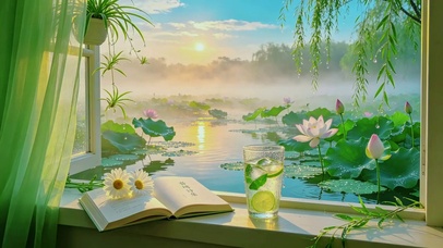清晨荷塘窗景