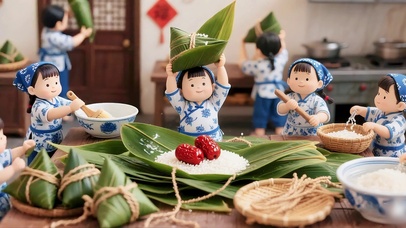 端午节包甜粽子的小人