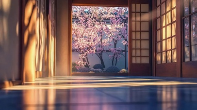 唯美粉樱落日阳光窗景