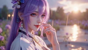 紫发古风美少女河畔落日