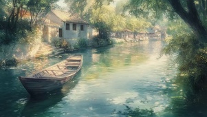 春日朦胧午后溪流小船