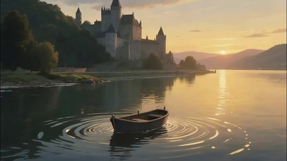 落日湖岸古堡木船