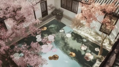 春日阴天浪漫园林池塘