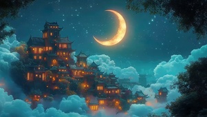 弯月星空云上古城建筑