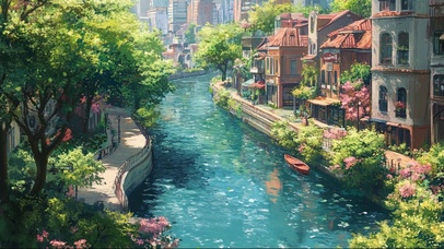 夏日清新河道别墅建筑
