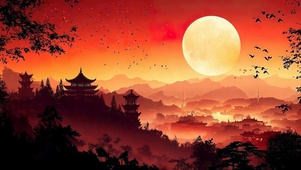 古风夕阳树木