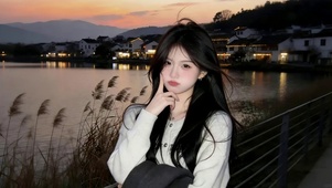 傍晚湖边女孩