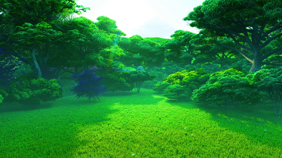 梦幻3D园林景观，翠绿草坪铺展在画面前景，两侧是茂密的造型常绿林木，中部偏左点缀着深紫色矮灌丛。