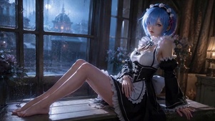 窗边雨夜的蓝发女仆雷姆
