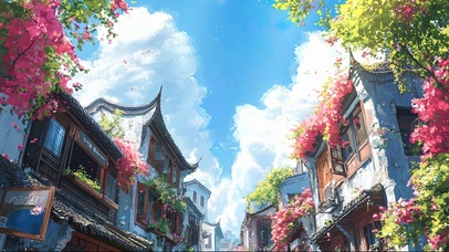 春日晴天白云小镇建筑