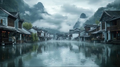 阴天静谧古镇云雾山脉