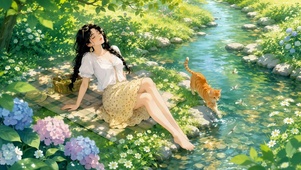 夏日溪畔野餐少女与橘猫