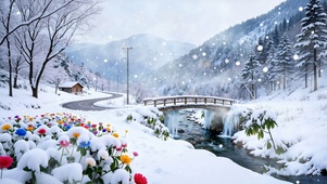 雪景房屋河流景色