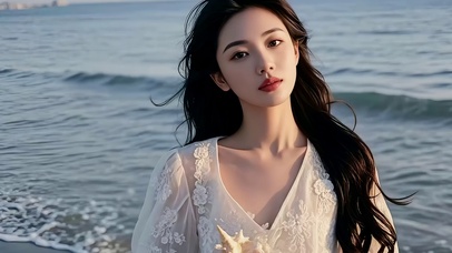 霞光下海滩边拾贝听音的美女2