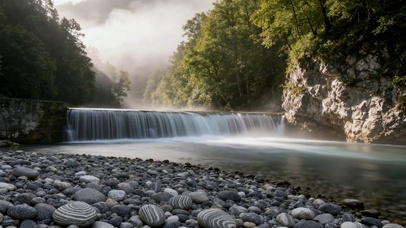 晨雾林间溪流瀑布风光