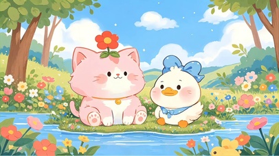 小清新猫猫鸭鸭河边看风景