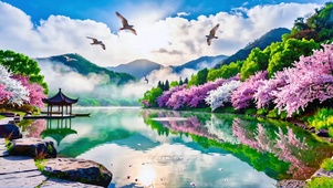 春山樱湖亭榭